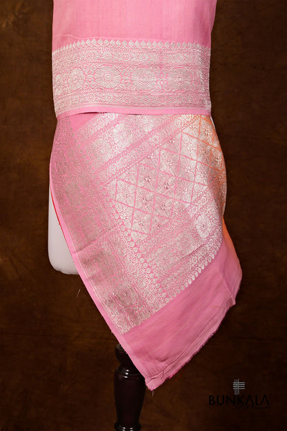 Pink Orange Shaded Plain Silver Zari Handloom Banarasi Pure Tussar Silk Dupatta