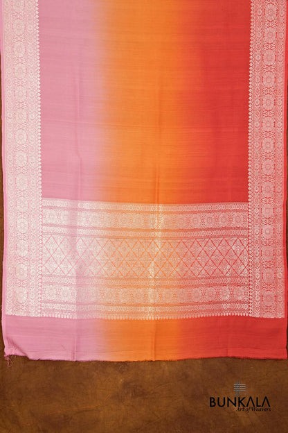 Pink Orange Shaded Plain Silver Zari Handloom Banarasi Pure Tussar Silk Dupatta