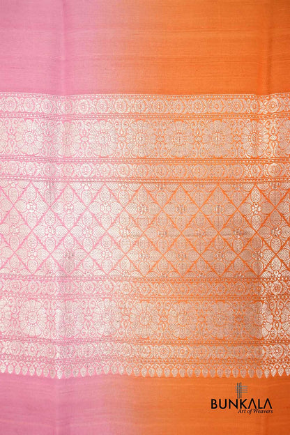 Pink Orange Shaded Plain Silver Zari Handloom Banarasi Pure Tussar Silk Dupatta