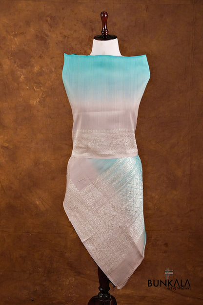 Grey Blue Shaded Plain Silver Zari Handloom Banarasi Pure Tussar Silk Dupatta