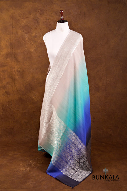 Grey Blue Shaded Plain Silver Zari Handloom Banarasi Pure Tussar Silk Dupatta