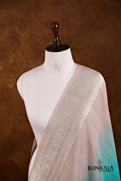Grey Blue Shaded Plain Silver Zari Handloom Banarasi Pure Tussar Silk Dupatta