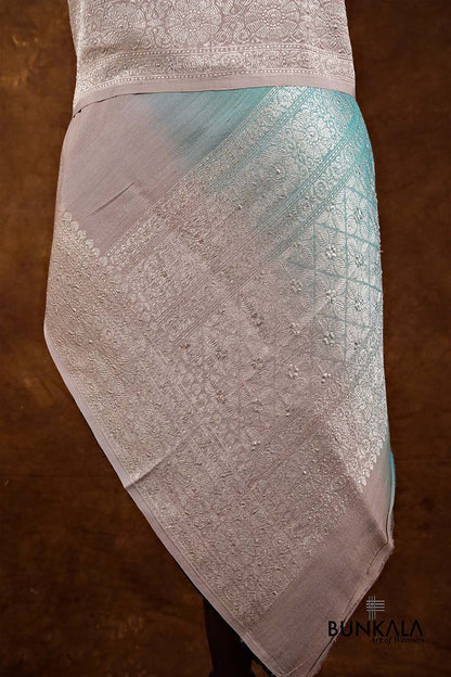 Grey Blue Shaded Plain Silver Zari Handloom Banarasi Pure Tussar Silk Dupatta