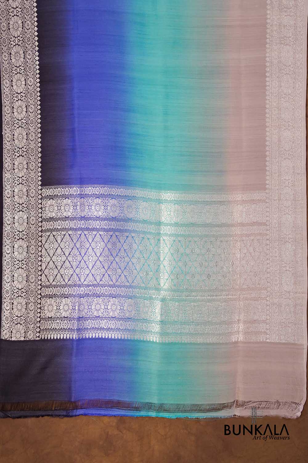 Grey Blue Shaded Plain Silver Zari Handloom Banarasi Pure Tussar Silk Dupatta