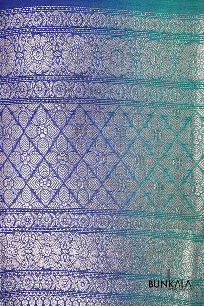 Grey Blue Shaded Plain Silver Zari Handloom Banarasi Pure Tussar Silk Dupatta