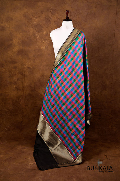 Multicolor Checks Ektara Handloom Banarasi Pure Katan Silk Dupatta