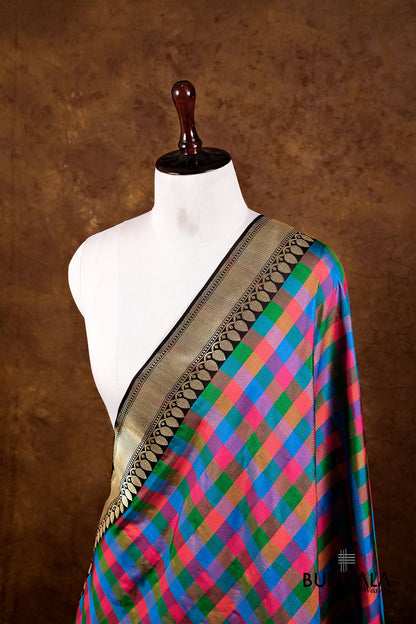 Multicolor Checks Ektara Handloom Banarasi Pure Katan Silk Dupatta
