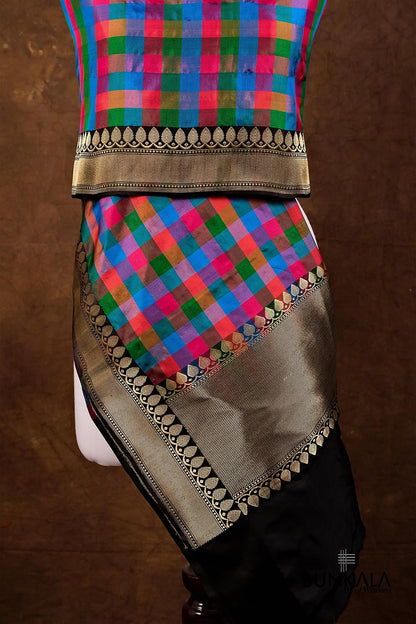 Multicolor Checks Ektara Handloom Banarasi Pure Katan Silk Dupatta