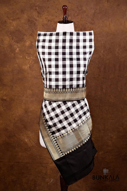 Black and White Checks Ektara Handloom Banarasi Pure Katan Silk Dupatta