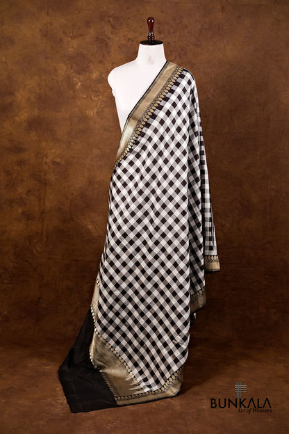 Black and White Checks Ektara Handloom Banarasi Pure Katan Silk Dupatta