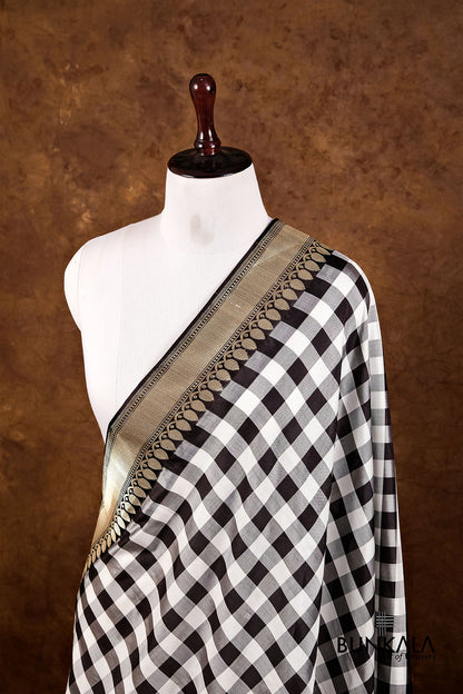 Black and White Checks Ektara Handloom Banarasi Pure Katan Silk Dupatta
