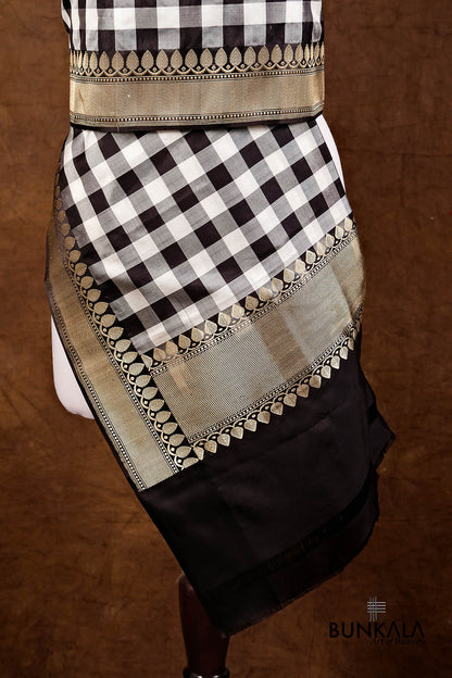 Black and White Checks Ektara Handloom Banarasi Pure Katan Silk Dupatta