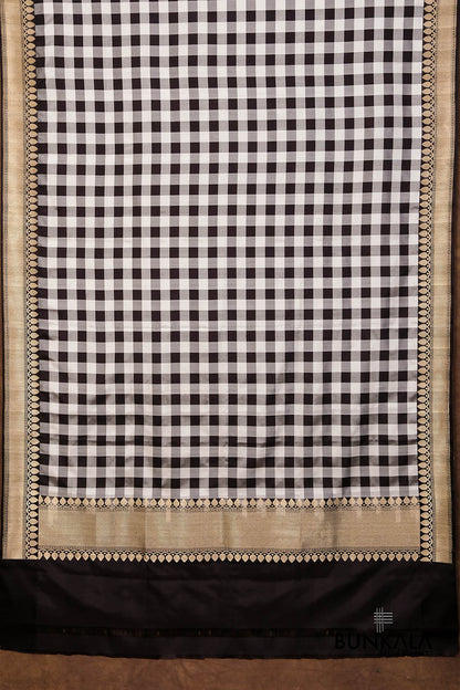 Black and White Checks Ektara Handloom Banarasi Pure Katan Silk Dupatta