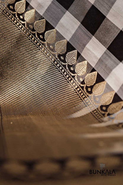 Black and White Checks Ektara Handloom Banarasi Pure Katan Silk Dupatta