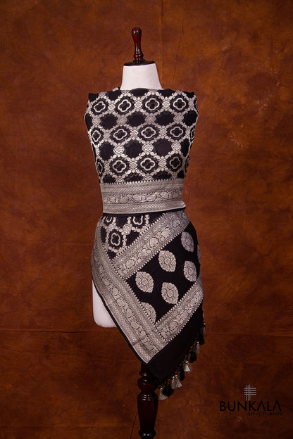 Black Pure Georgette Handloom Silver Zari Jaal Design Banarasi Dupatta