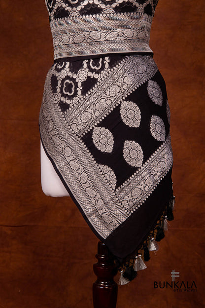Black Pure Georgette Handloom Silver Zari Jaal Design Banarasi Dupatta