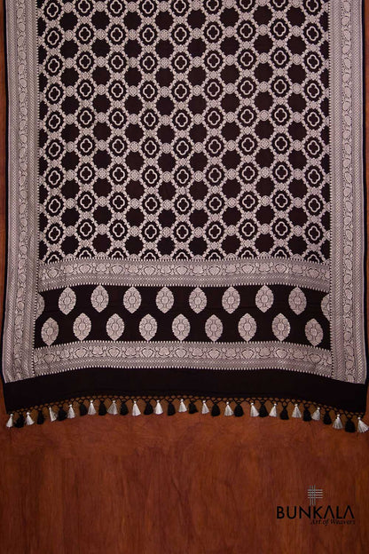 Black Pure Georgette Handloom Silver Zari Jaal Design Banarasi Dupatta