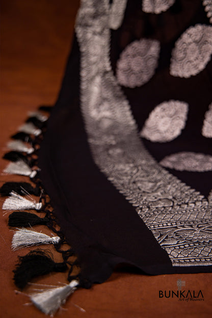 Black Pure Georgette Handloom Silver Zari Jaal Design Banarasi Dupatta