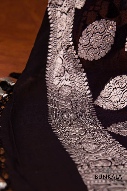 Black Pure Georgette Handloom Silver Zari Jaal Design Banarasi Dupatta