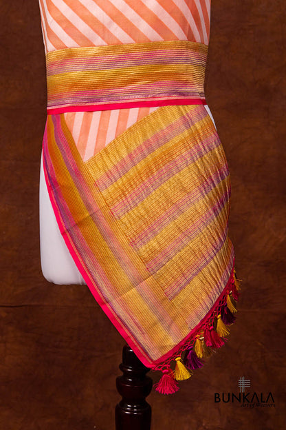 Peach and White Pure Georgette Hand Brush Dye Stripe Design Banarasi Dupatta
