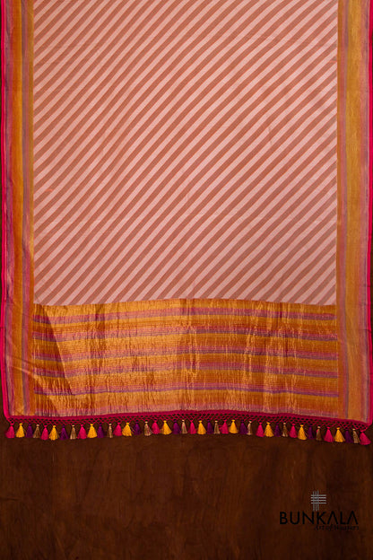 Peach and White Pure Georgette Hand Brush Dye Stripe Design Banarasi Dupatta