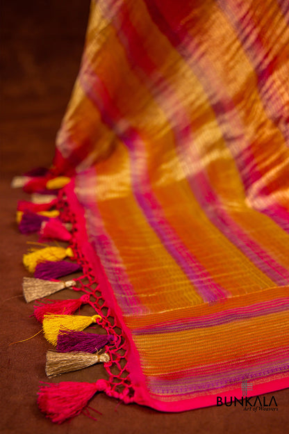 Peach and White Pure Georgette Hand Brush Dye Stripe Design Banarasi Dupatta