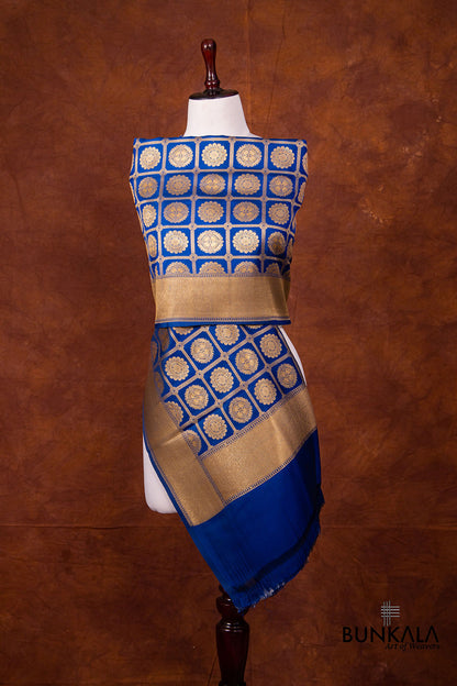 Blue Pure Katan Silk Handloom Geometric Checks Design Banarasi Dupatta