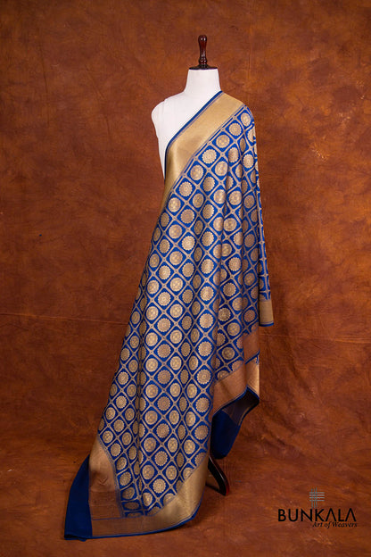 Blue Pure Katan Silk Handloom Geometric Checks Design Banarasi Dupatta