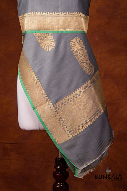 Grey Pure Katan Silk Kadwa Hand Weaved Allover Big Paisley Buta Design Banarasi Dupatta