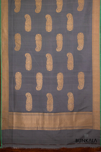 Grey Pure Katan Silk Kadwa Hand Weaved Allover Big Paisley Buta Design Banarasi Dupatta