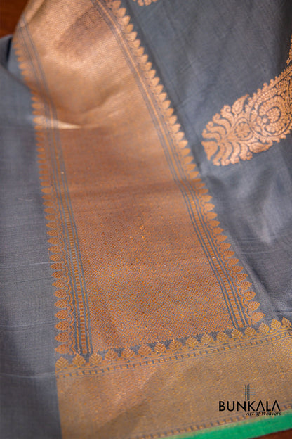 Grey Pure Katan Silk Kadwa Hand Weaved Allover Big Paisley Buta Design Banarasi Dupatta