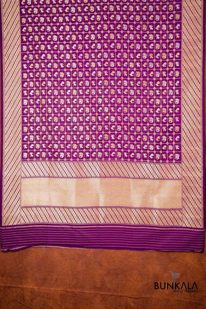Purple Pure Katan Silk Kadwa Hand Weaved Birds and Animal Checks Design Banarasi Dupatta