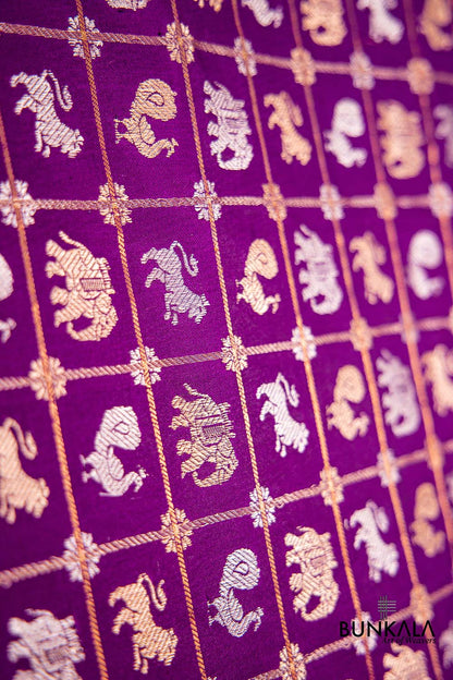 Purple Pure Katan Silk Kadwa Hand Weaved Birds and Animal Checks Design Banarasi Dupatta