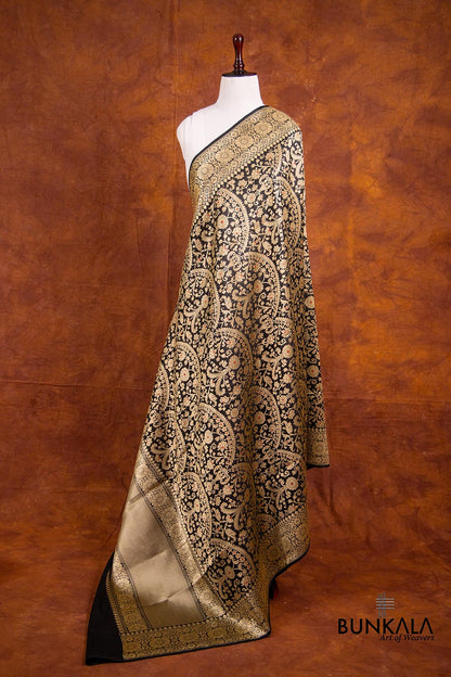 Jet Black Traditional Touch Pure Katan Silk Handloom Brocade Heritage Design Meenakari Banarasi Dupatta