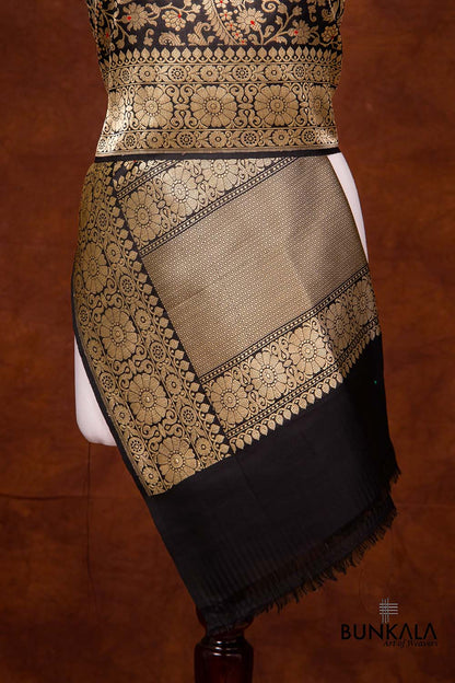 Jet Black Traditional Touch Pure Katan Silk Handloom Brocade Heritage Design Meenakari Banarasi Dupatta