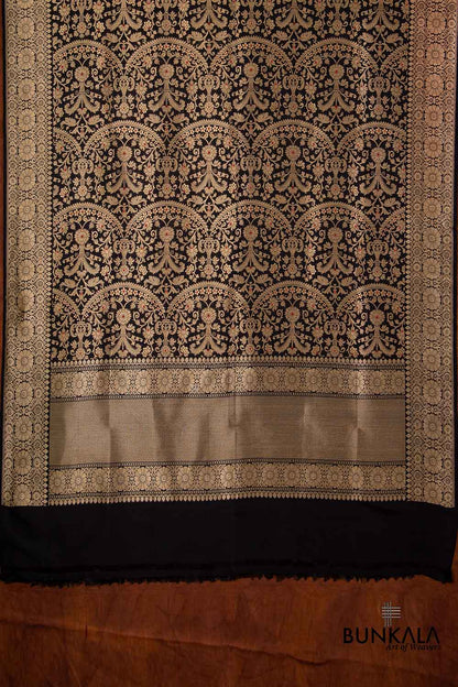 Jet Black Traditional Touch Pure Katan Silk Handloom Brocade Heritage Design Meenakari Banarasi Dupatta