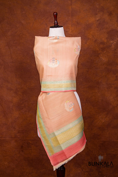 Peach Pure Tussar Silk Handloom Allover Big Meenakari Buta Banarasi Dupatta