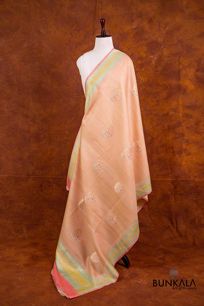 Peach Pure Tussar Silk Handloom Allover Big Meenakari Buta Banarasi Dupatta