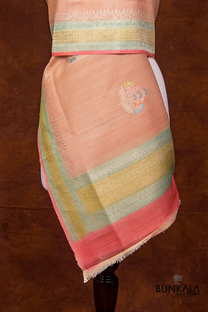 Peach Pure Tussar Silk Handloom Allover Big Meenakari Buta Banarasi Dupatta