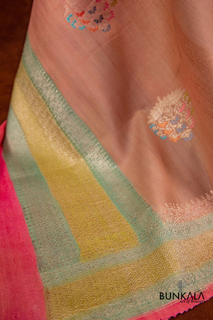 Peach Pure Tussar Silk Handloom Allover Big Meenakari Buta Banarasi Dupatta