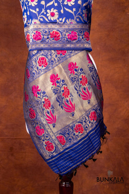 Blue Pure Katan Silk Handloom Meenakari Floral Jaal Design Banarasi Dupatta