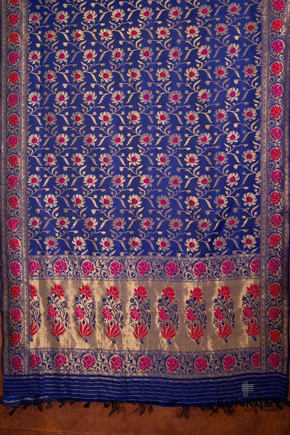 Blue Pure Katan Silk Handloom Meenakari Floral Jaal Design Banarasi Dupatta