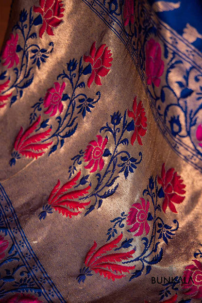 Blue Pure Katan Silk Handloom Meenakari Floral Jaal Design Banarasi Dupatta