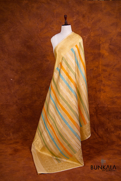 Beige Pure Katan Silk Handloom Multicolor Stripe Banarasi Dupatta