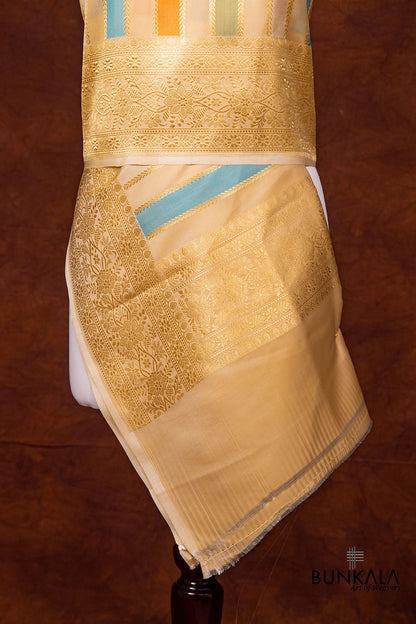 Beige Pure Katan Silk Handloom Multicolor Stripe Banarasi Dupatta