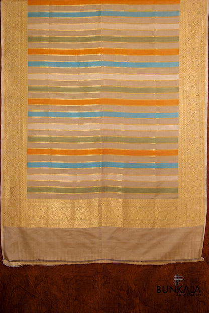 Beige Pure Katan Silk Handloom Multicolor Stripe Banarasi Dupatta
