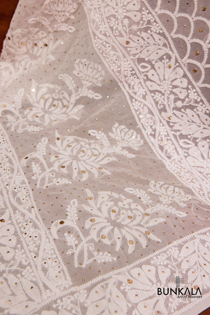 Dyeable Pure Georgette Hand Mukesh Work Chikankari Dupatta