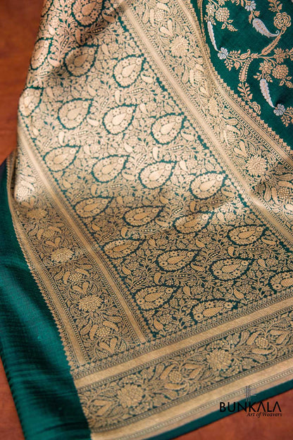 Bottle Green Pure Katan Silk Handloom Sona Rupa Jaal Design Banarasi Dupatta