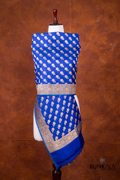 Blue Pure Katan Silk Handloom Sona Rupa Allover Small floral Buti Banarasi Dupatta