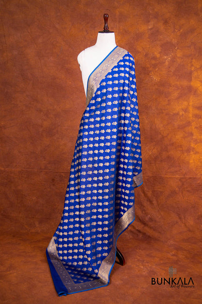 Blue Pure Katan Silk Handloom Sona Rupa Allover Small floral Buti Banarasi Dupatta